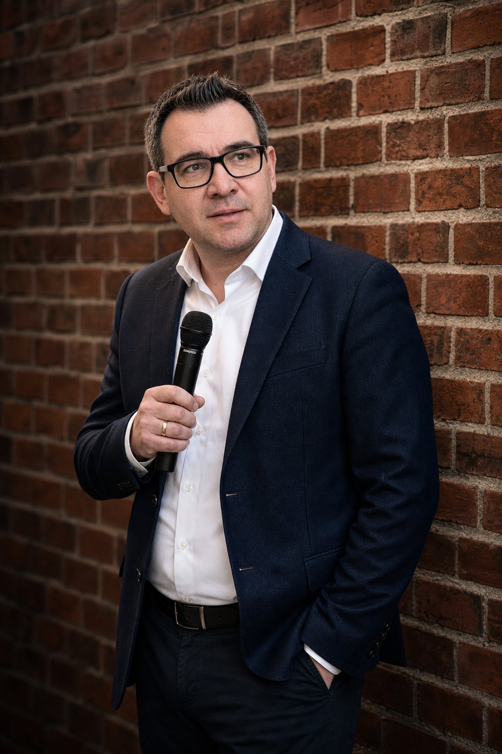Christian Liebezeit als Speaker mit Mikrofon vor norddeutscher Backsteinwand