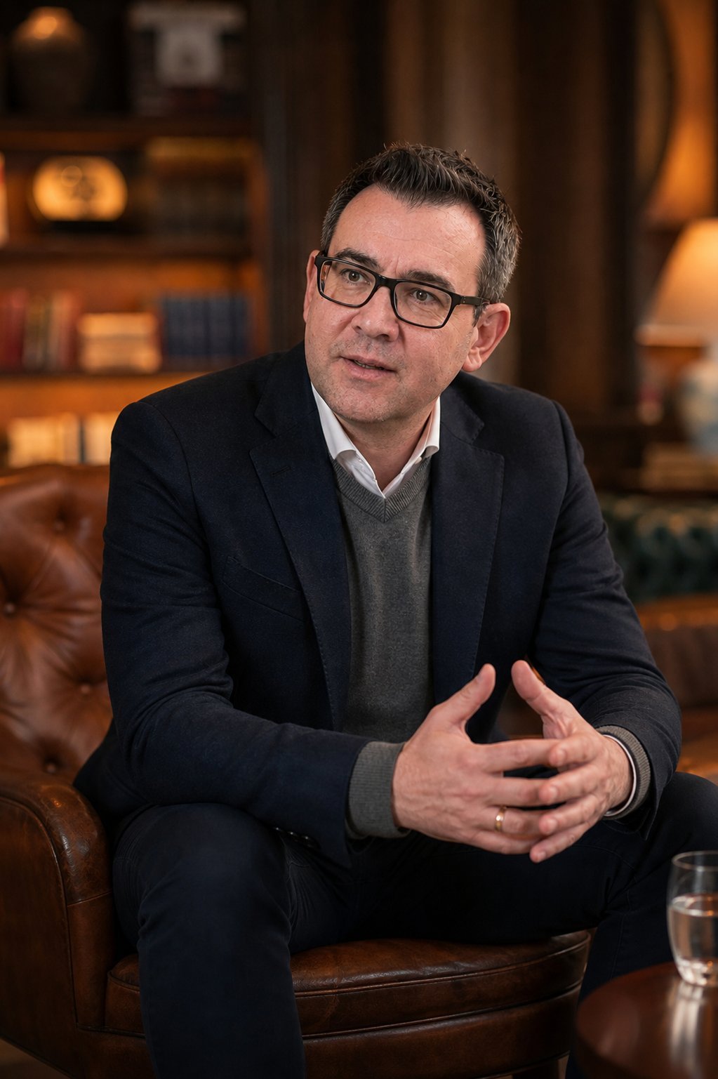Christian Liebezeit im Sparringsgespräch — engagiert, gestikulierend, im Ledersessel